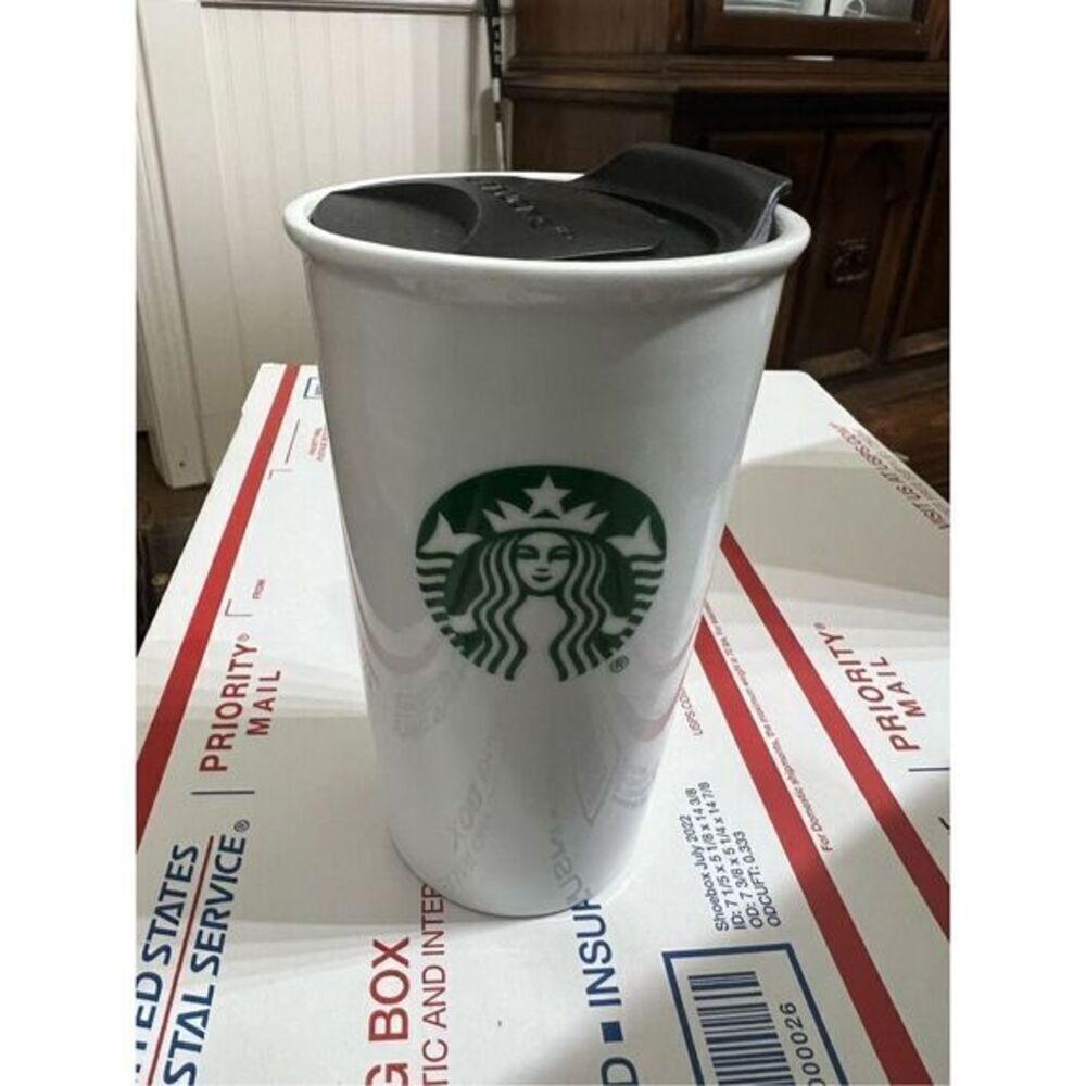 White Ceramic Starbucks Tumbler 10 Oz Travel Coffee Cup Green Siren Logo
